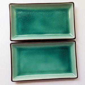 Two Large Rectangular Japanese Turquoise Crackle Glass Sushi Plates Tray Server